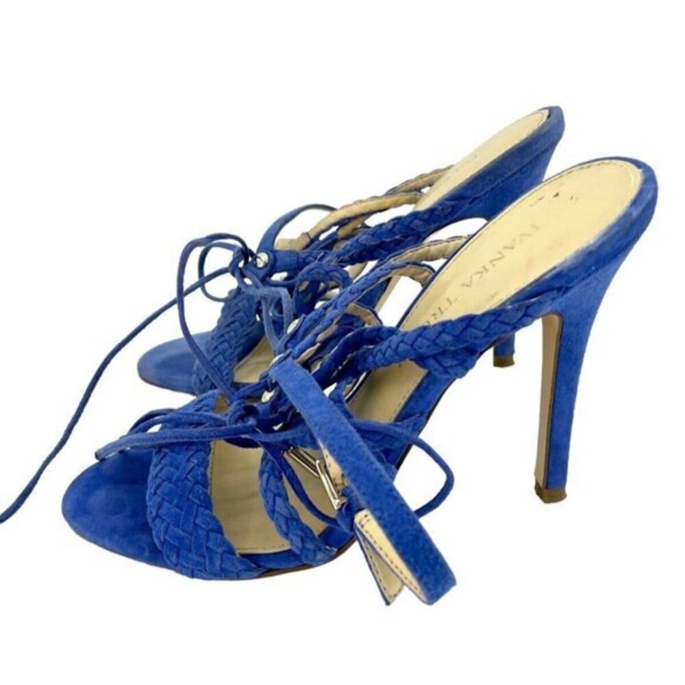 Ivanka Trump Blue Suede Leather Strappy Stiletto Heels Ankle Wrap SZ 7.5